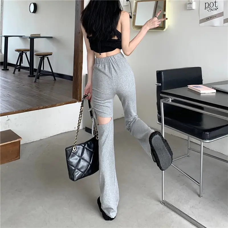Grey Hole Drawstring Micro Pants for Women — feature 21