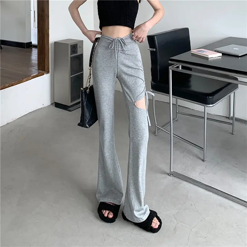 Grey Hole Drawstring Micro Pants for Women — feature 22
