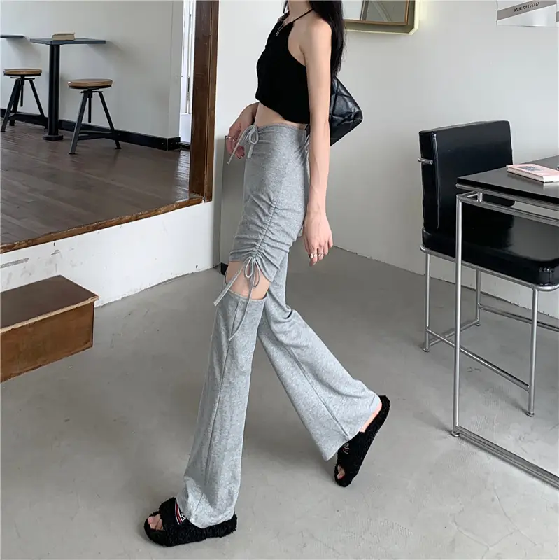 Grey Hole Drawstring Micro Pants for Women — feature 23