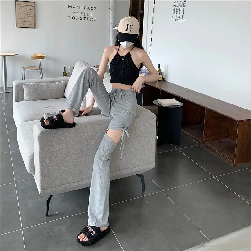 Grey Hole Drawstring Micro Pants for Women — feature 24