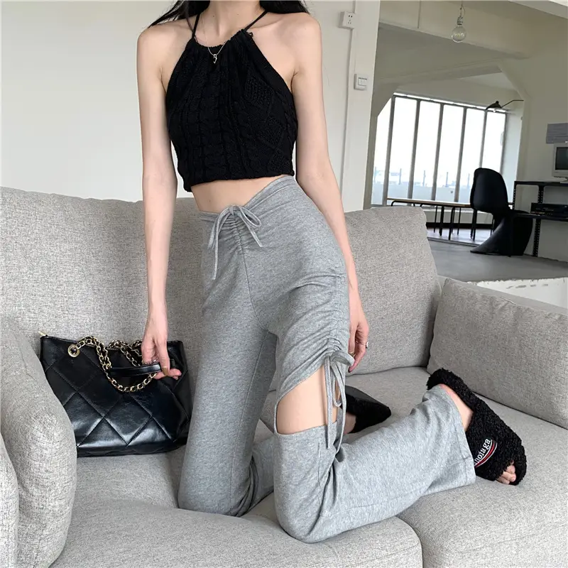 Grey Hole Drawstring Micro Pants for Women — feature 25