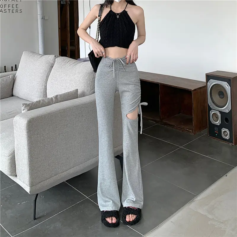 Grey Hole Drawstring Micro Pants for Women — feature 28