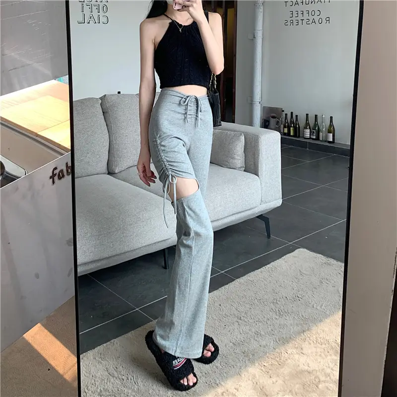 Grey Hole Drawstring Micro Pants for Women — feature 29