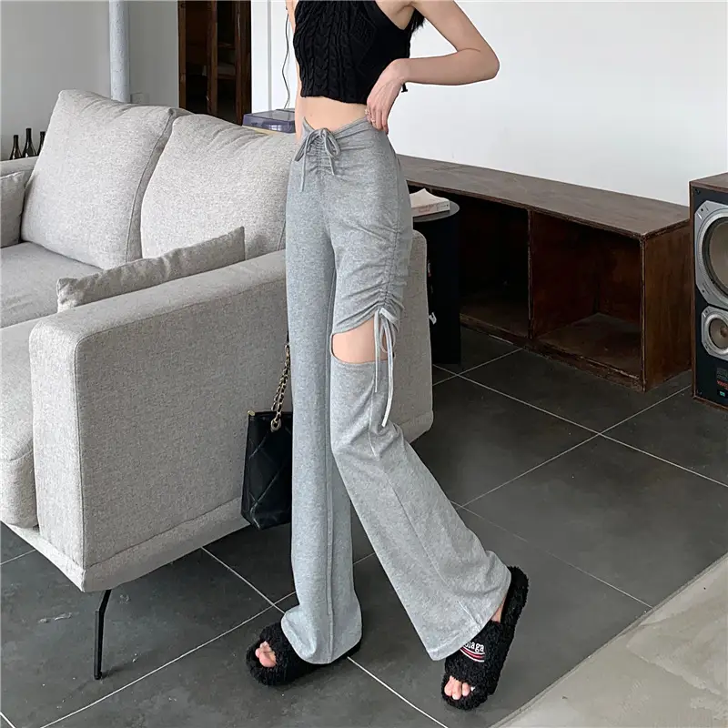 Grey Hole Drawstring Micro Pants for Women — feature 30