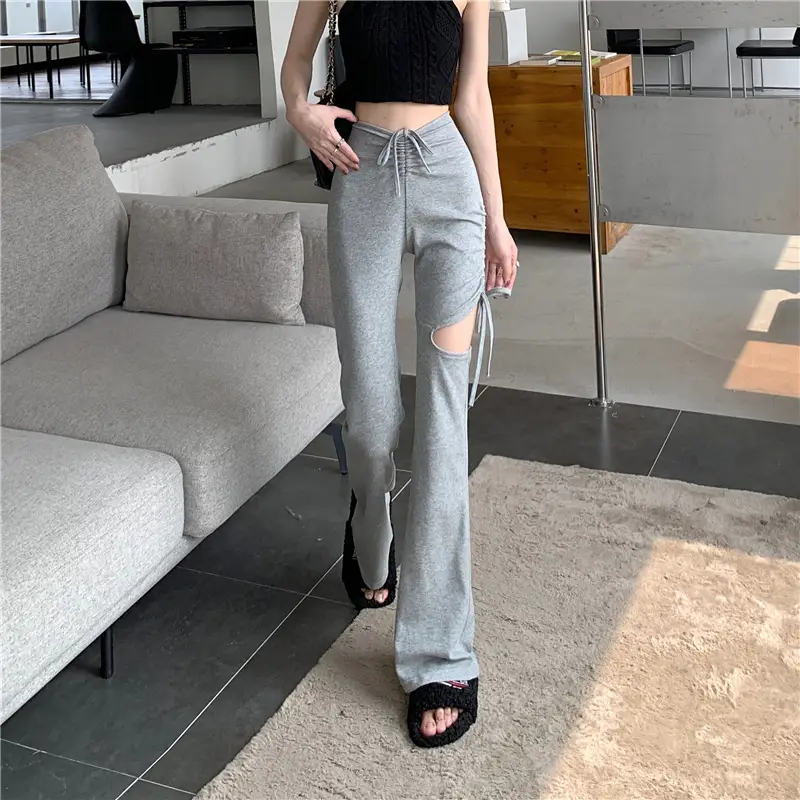 Grey Hole Drawstring Micro Pants for Women — feature 31