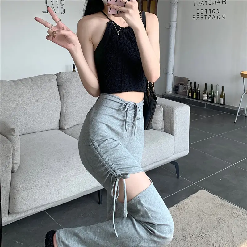 Grey Hole Drawstring Micro Pants for Women — feature 32