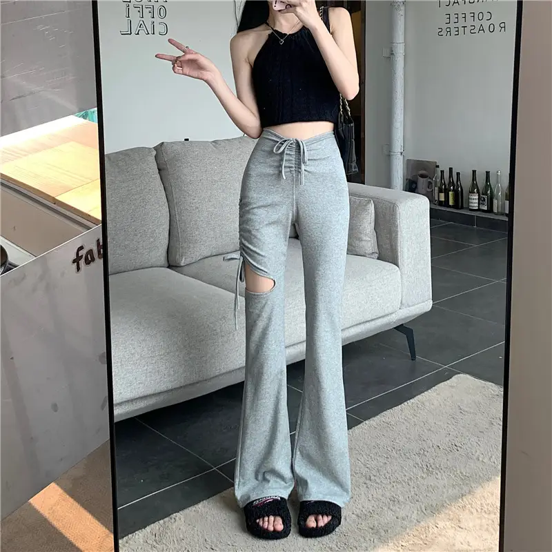 Grey Hole Drawstring Micro Pants for Women — feature 33