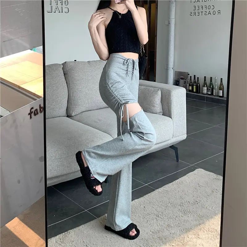 Grey Hole Drawstring Micro Pants for Women — feature 34