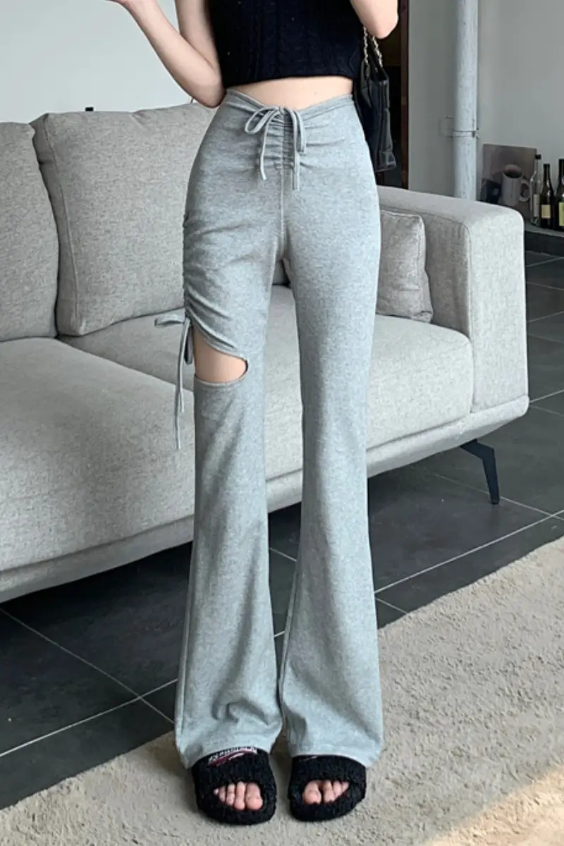 Grey Hole Drawstring Micro Pants for Women — feature 35