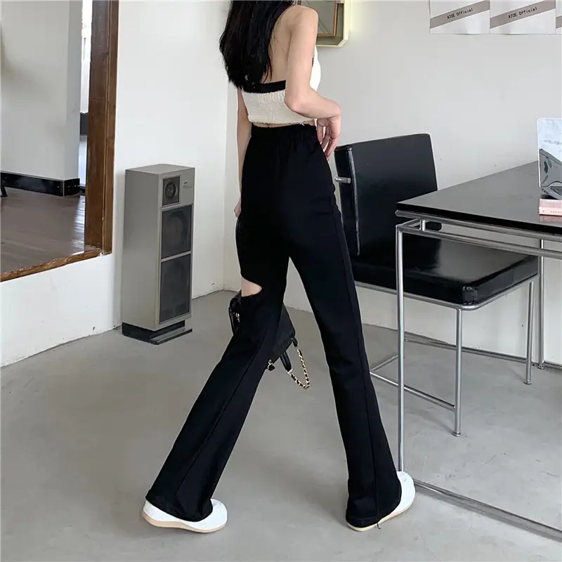 Grey Hole Drawstring Micro Pants for Women — feature 5