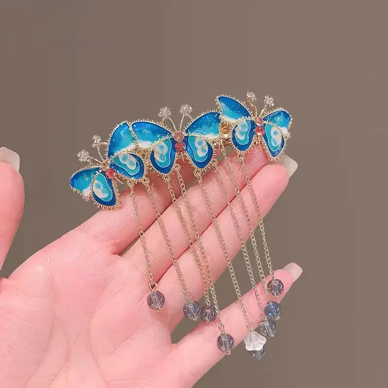 Blue Butterfly Tassel Hairpin with Chain - Image 2