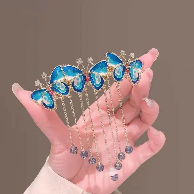 Blue Butterfly Tassel Hairpin with Chain - Image 3