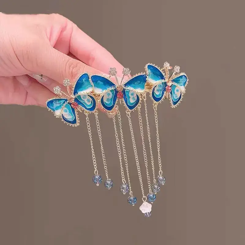 Blue Butterfly Tassel Hairpin with Chain - Image 4
