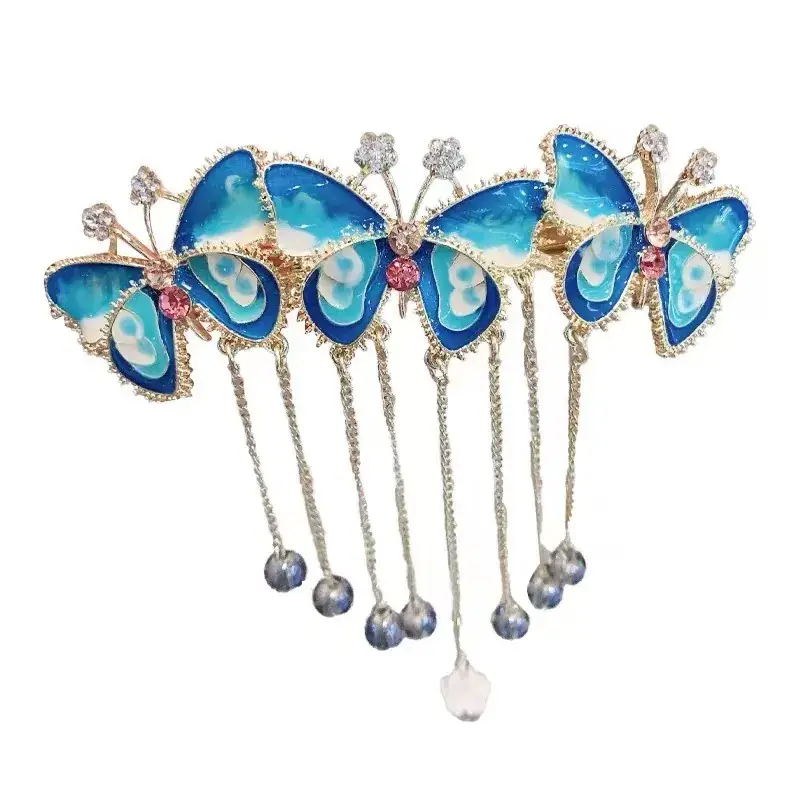 Blue Butterfly Tassel Hairpin with Chain - Image 5