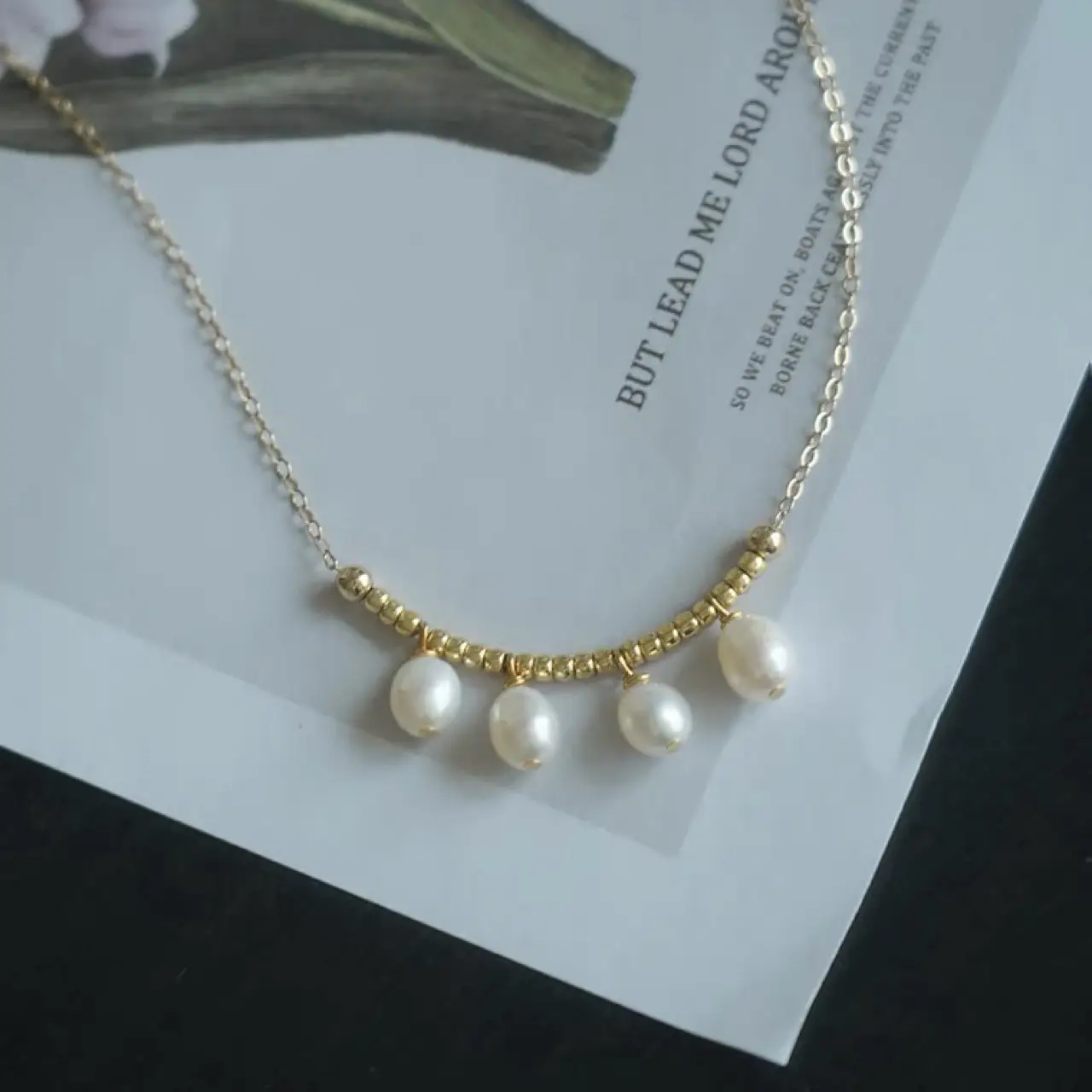 Gold Wind Chime Necklace with Natural Freshwater Pearls - Image 2