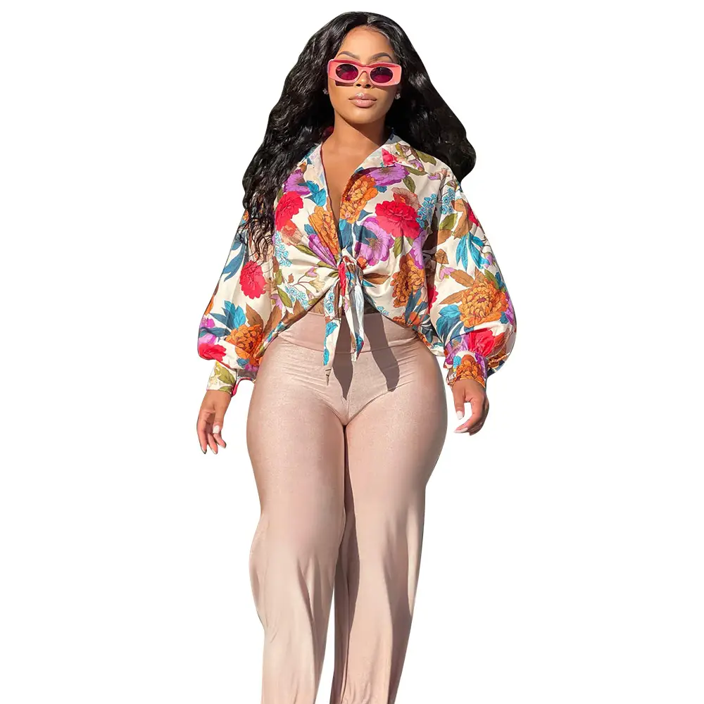 Women's Silk Printed Long Sleeve Top with Wide Leg Pants