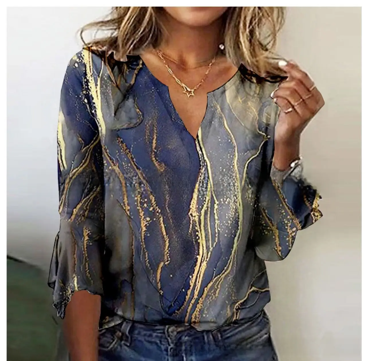 2023 Printed V-Neck T-Shirt with Horn Sleeve Design - Image 31