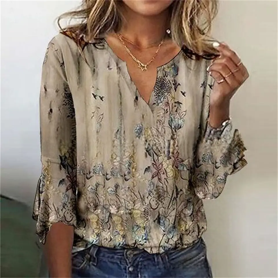 2023 Printed V-Neck T-Shirt with Horn Sleeve Design - Image 7