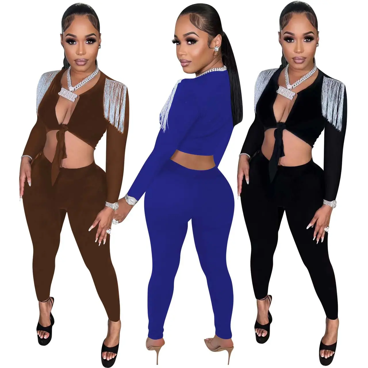 Women's Cross-Border Pure Color Tassel Waistless Suit Set