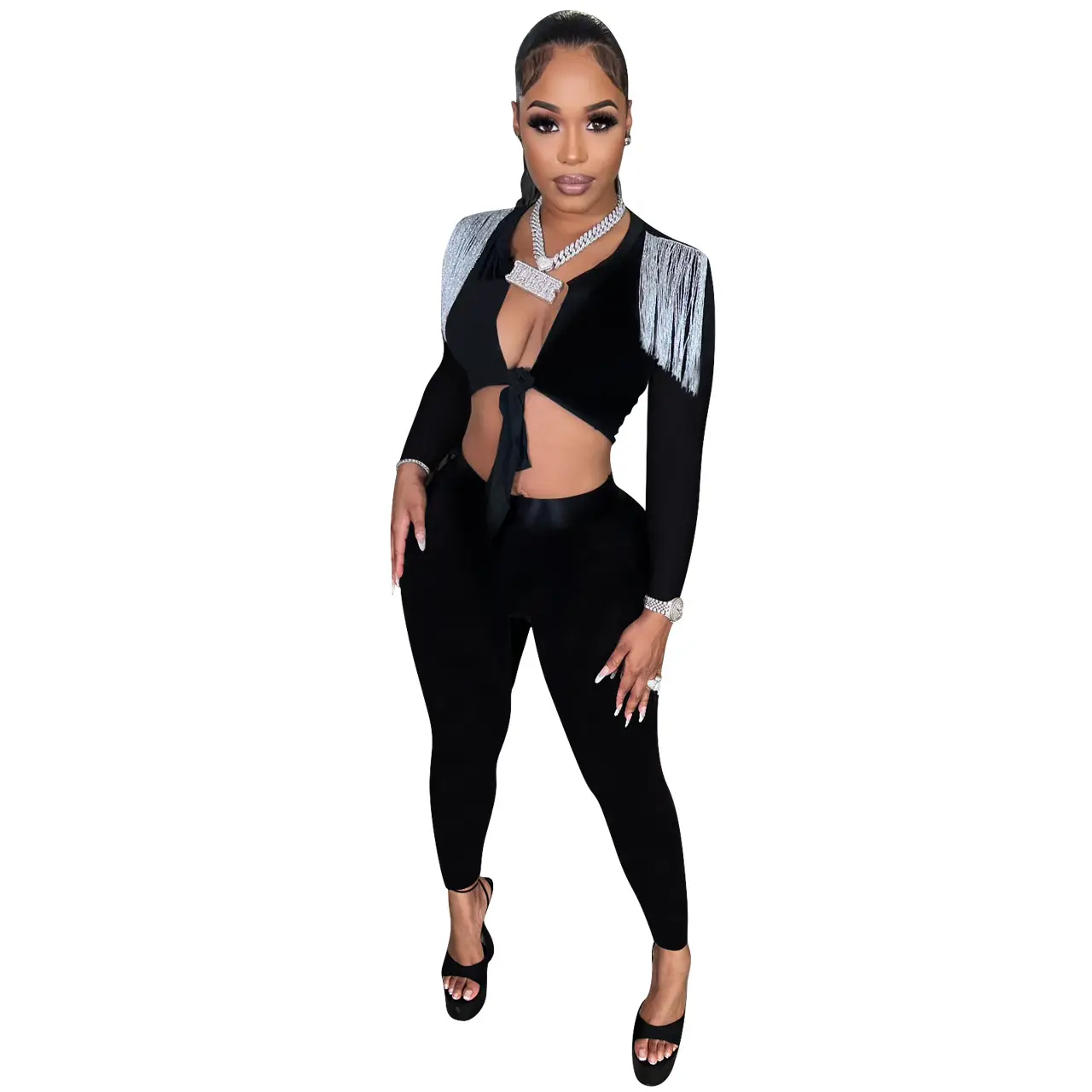 Women's Cross-Border Pure Color Tassel Waistless Suit Set
