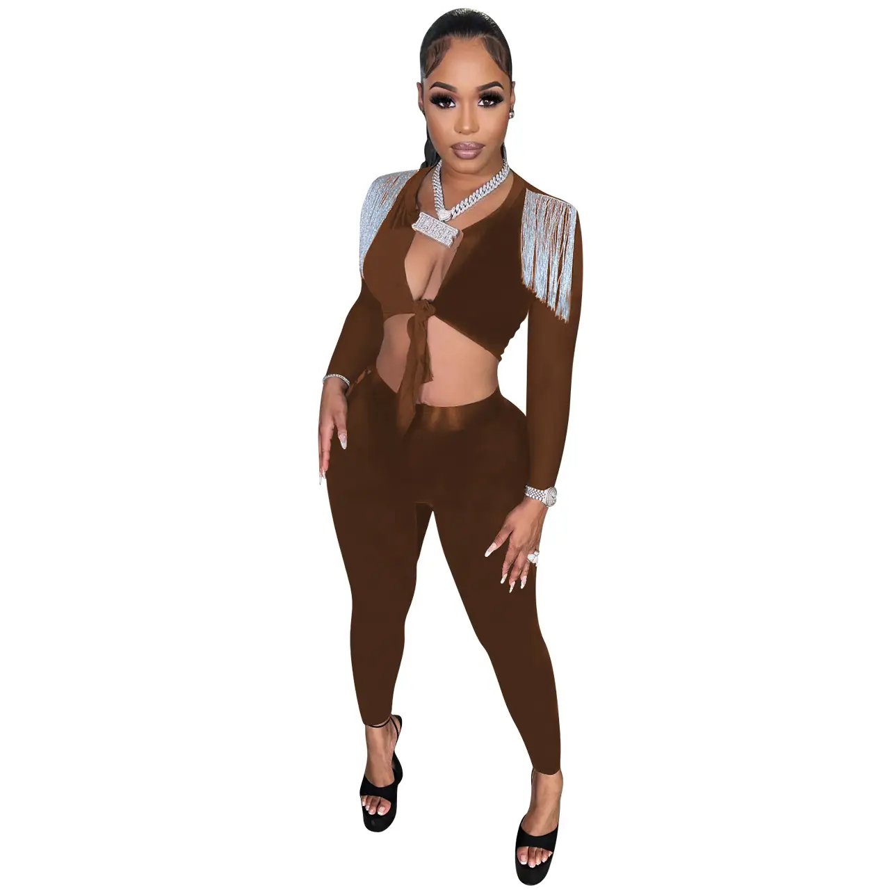 Women's Cross-Border Pure Color Tassel Waistless Suit Set