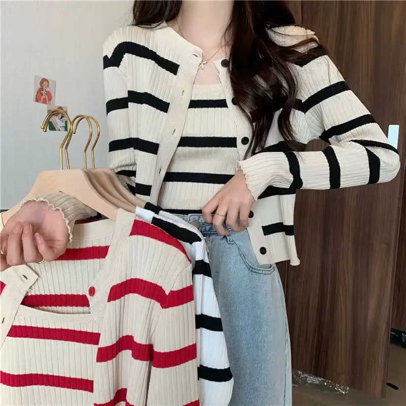 Women Striped Long Sleeve Knitted Cardigan Set Red White