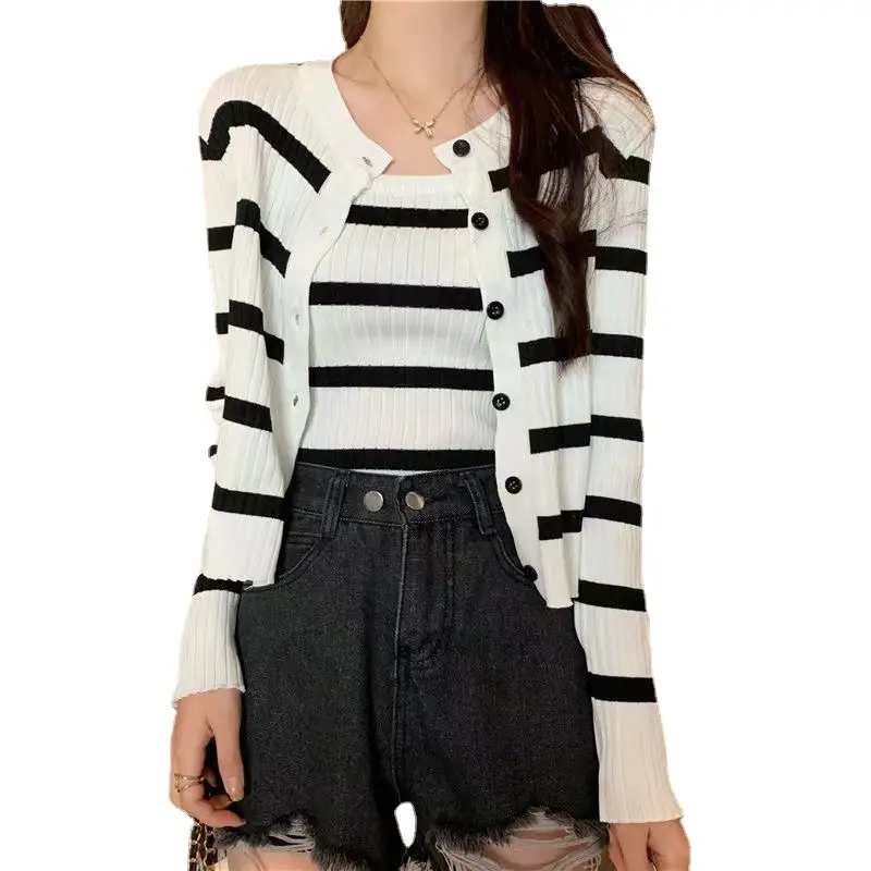Women Striped Long Sleeve Knitted Cardigan Set Red White