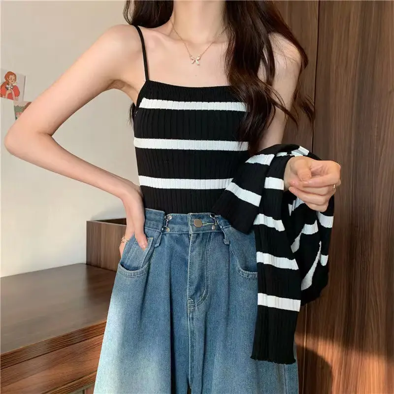 Women Striped Long Sleeve Knitted Cardigan Set Red White