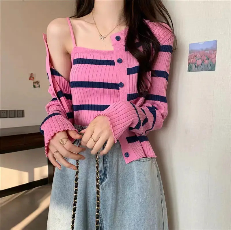 Women Striped Long Sleeve Knitted Cardigan Set Red White