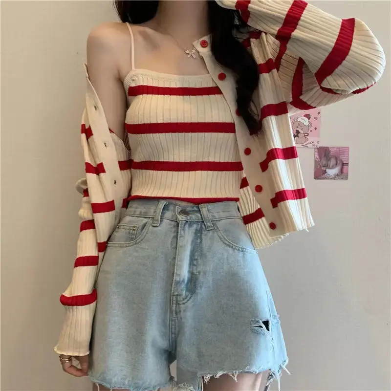 Women Striped Long Sleeve Knitted Cardigan Set Red White