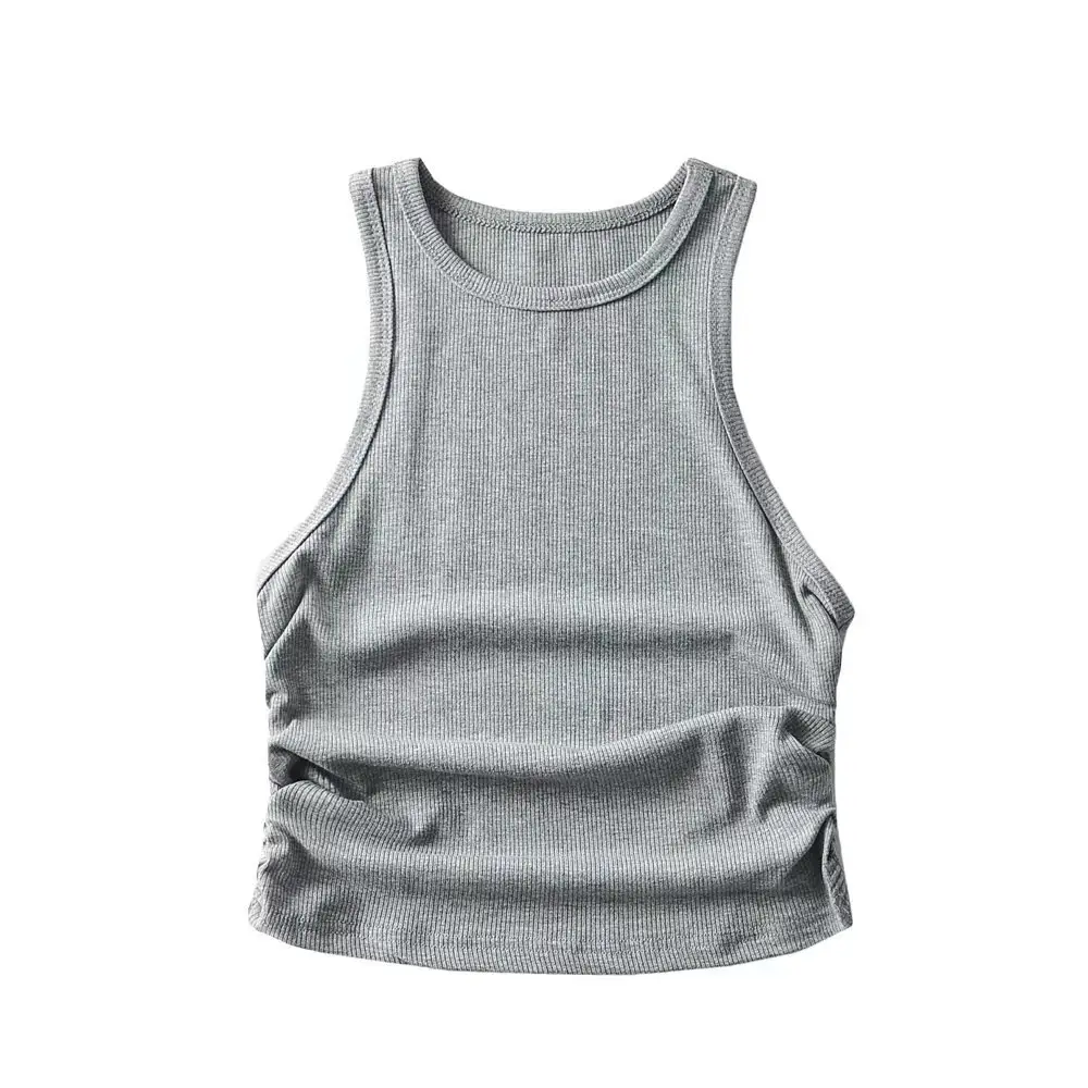 Gray Pleated Women's Vest with Round Neck