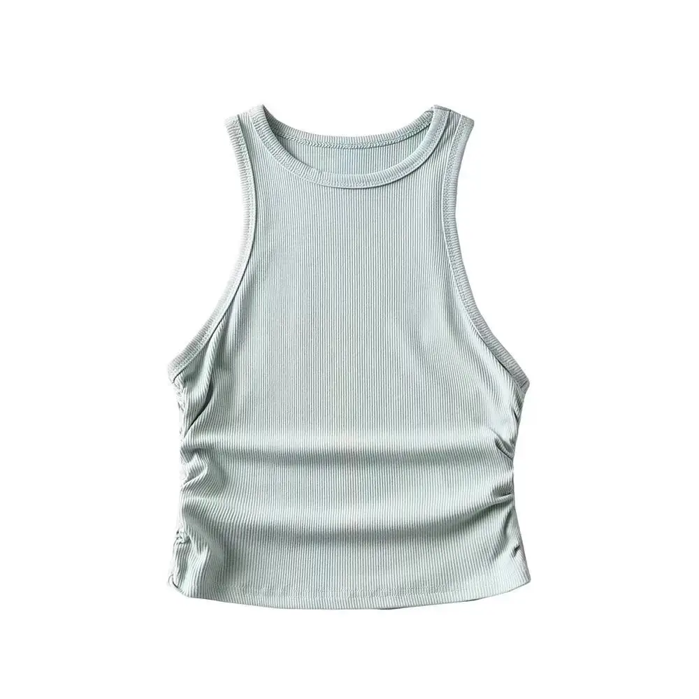 Gray Pleated Women's Vest with Round Neck