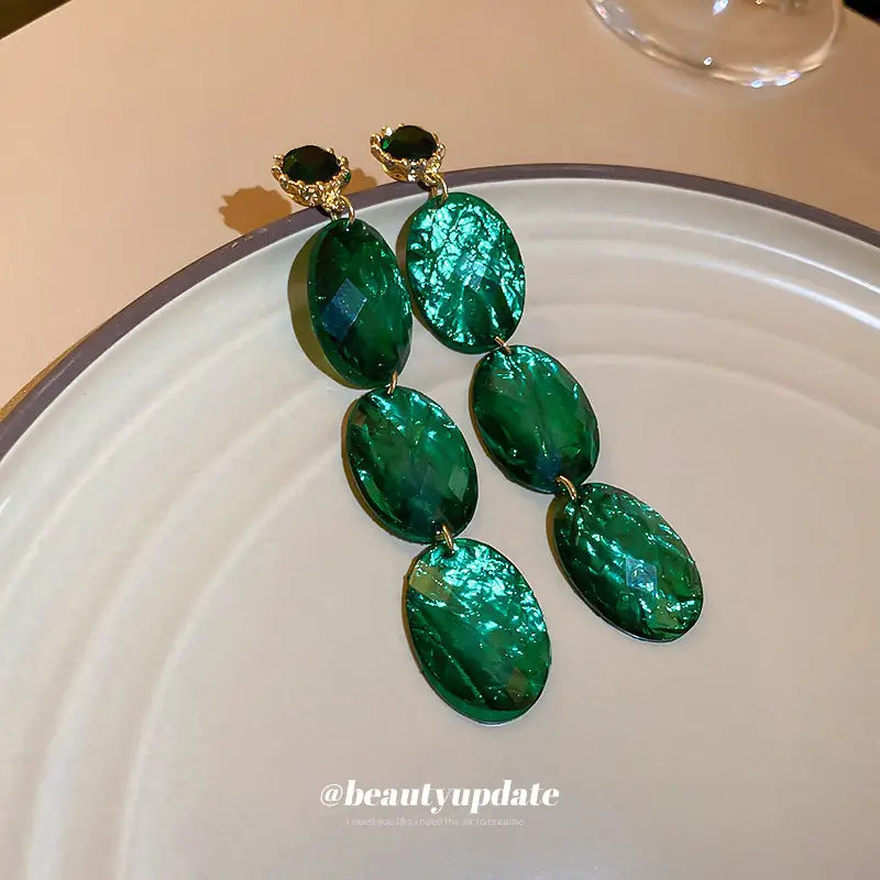 Vintage Emerald Diamond Oval Earrings Silver Needle - Image 4