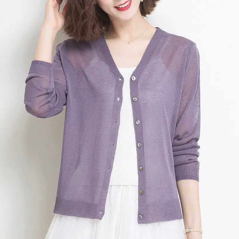 Women's Thin Knitted Cardigan Solid Color Imitation Linen Ice Silk Top Jacket - Image 4