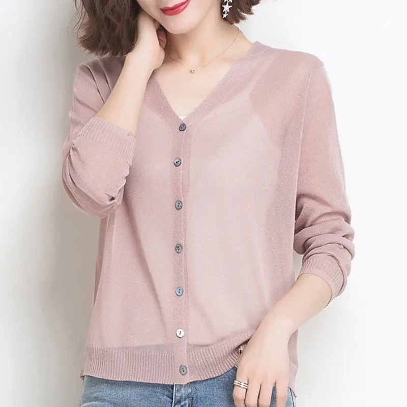 Women's Thin Knitted Cardigan Solid Color Imitation Linen Ice Silk Top Jacket - Image 6