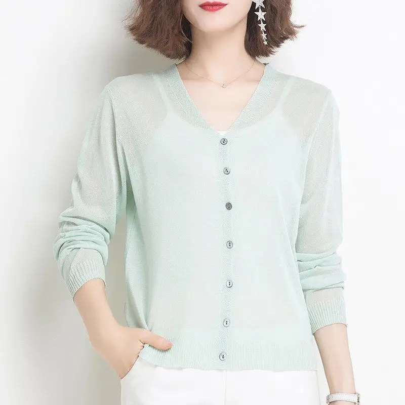 Women's Thin Knitted Cardigan Solid Color Imitation Linen Ice Silk Top Jacket - Image 5