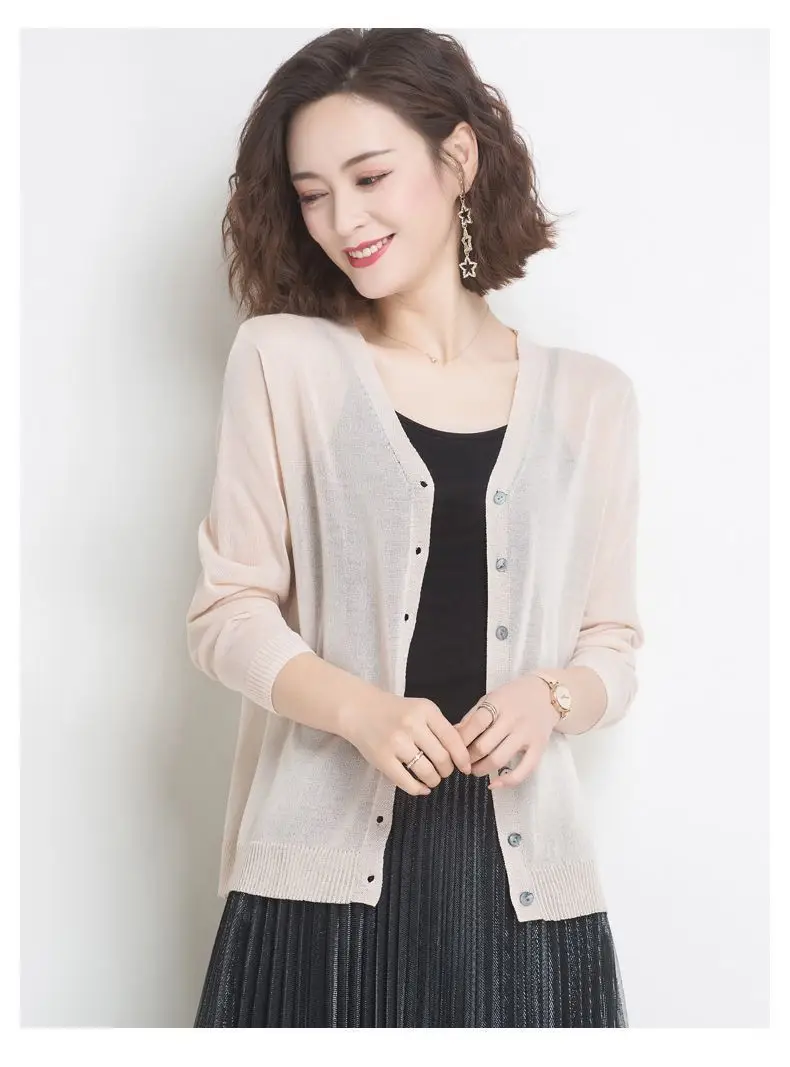 Women's Thin Knitted Cardigan Solid Color Imitation Linen Ice Silk Top Jacket — feature 17
