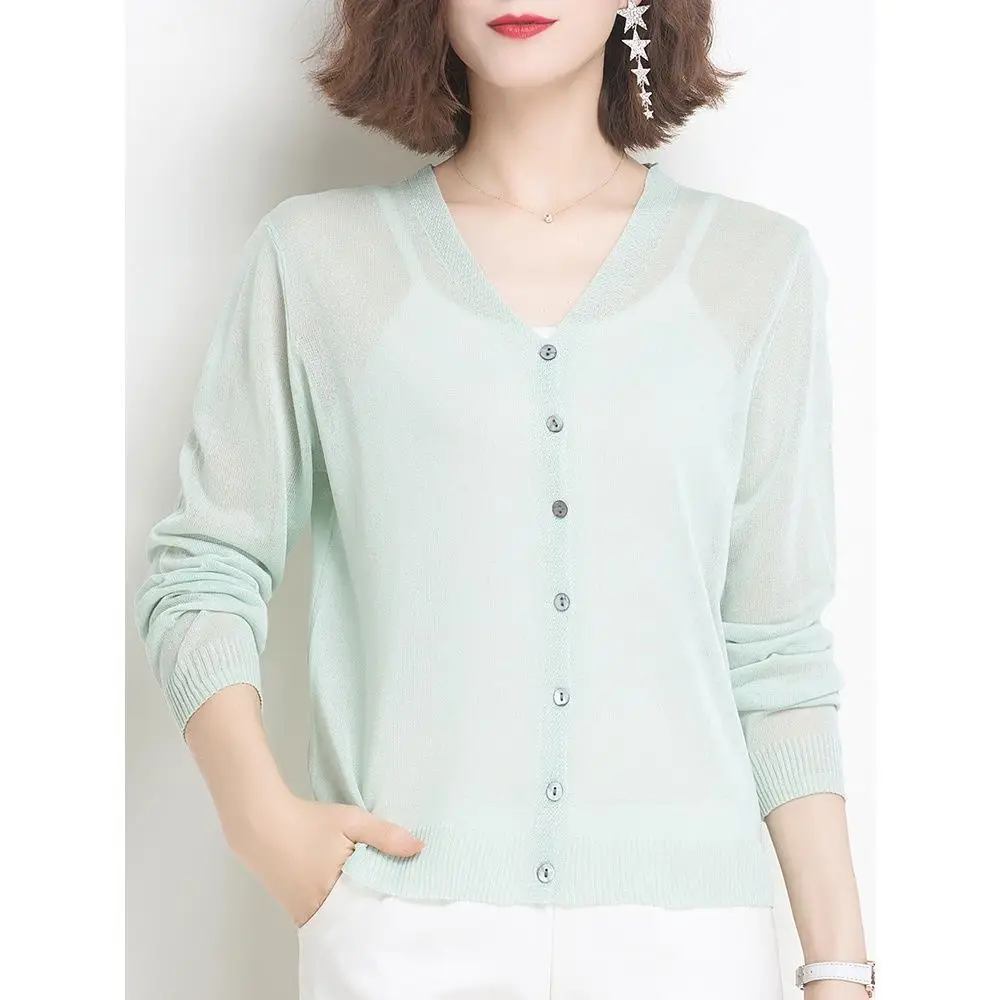 Women's Thin Knitted Cardigan Solid Color Imitation Linen Ice Silk Top Jacket — feature 19