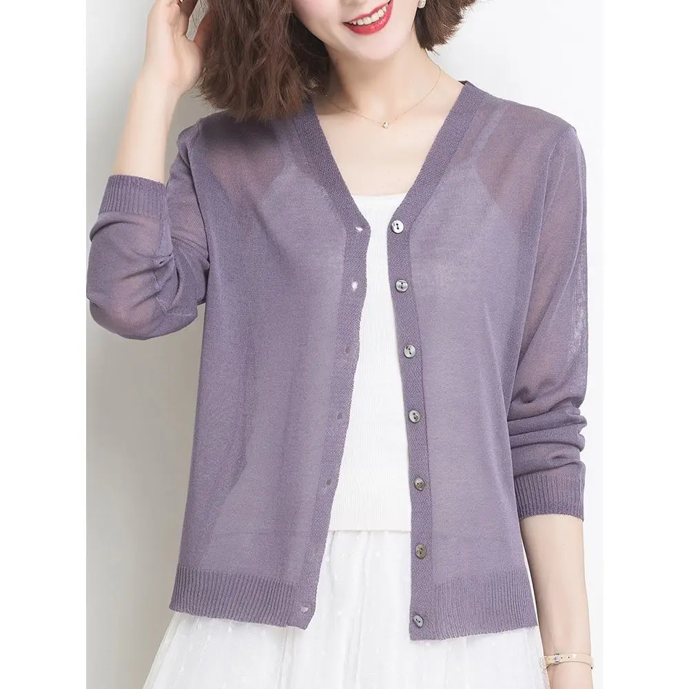 Women's Thin Knitted Cardigan Solid Color Imitation Linen Ice Silk Top Jacket — feature 22