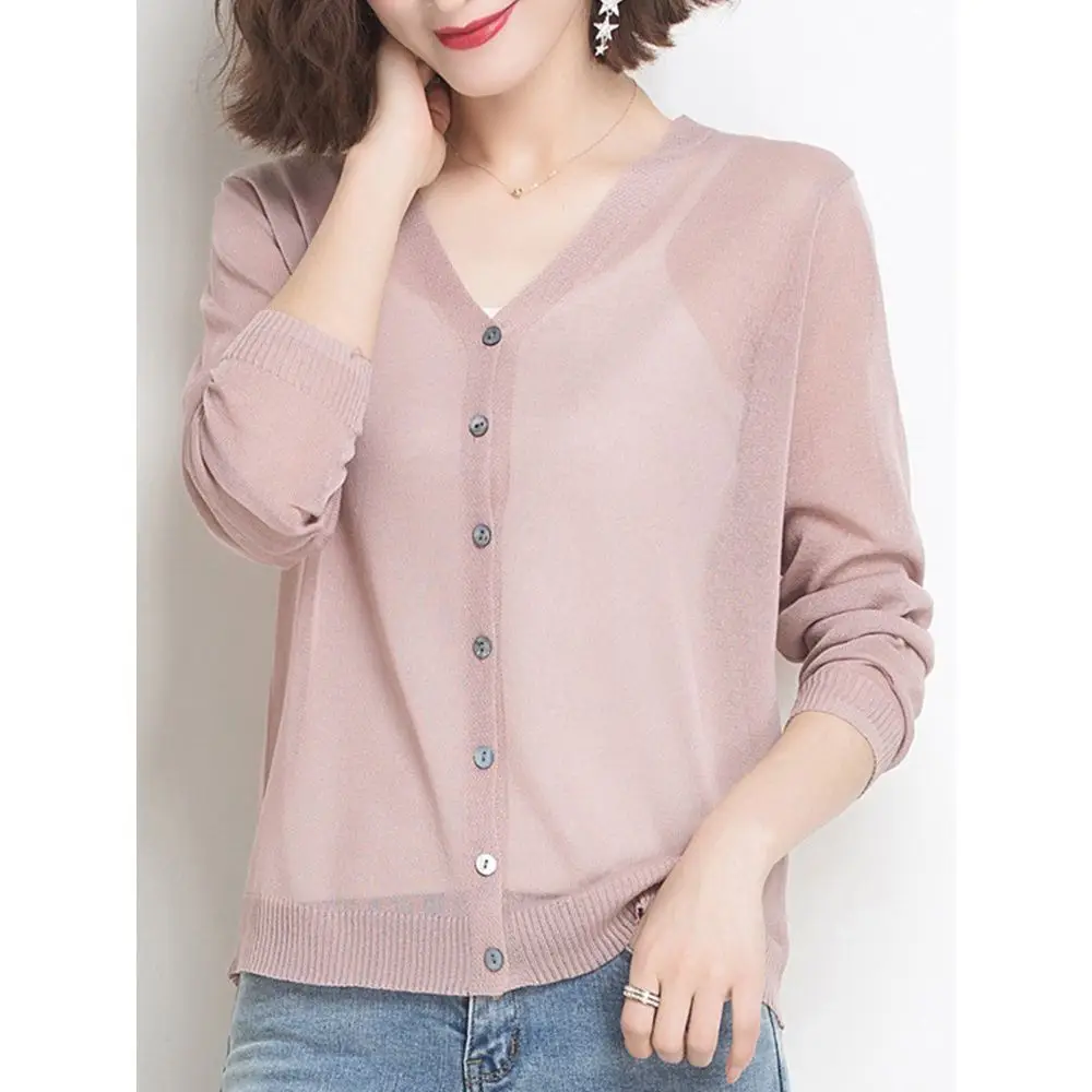 Women's Thin Knitted Cardigan Solid Color Imitation Linen Ice Silk Top Jacket — feature 9