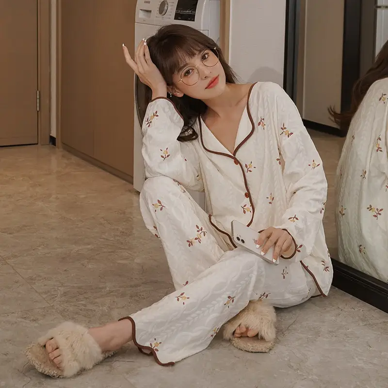 Women Cotton Pajama Set Cream Long Sleeve Ruffled
