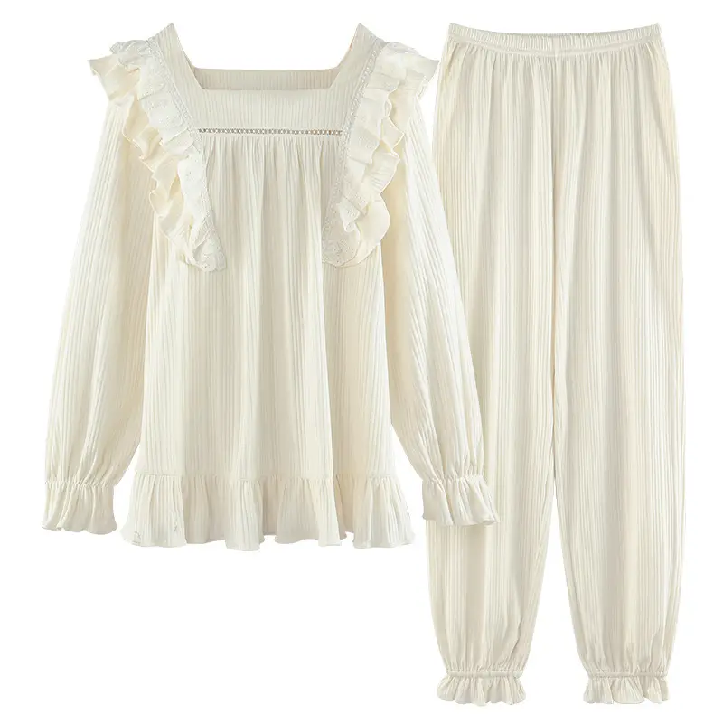 Women Cotton Pajama Set Cream Long Sleeve Ruffled
