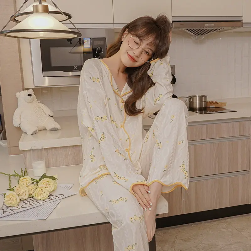 Women Cotton Pajama Set Cream Long Sleeve Ruffled