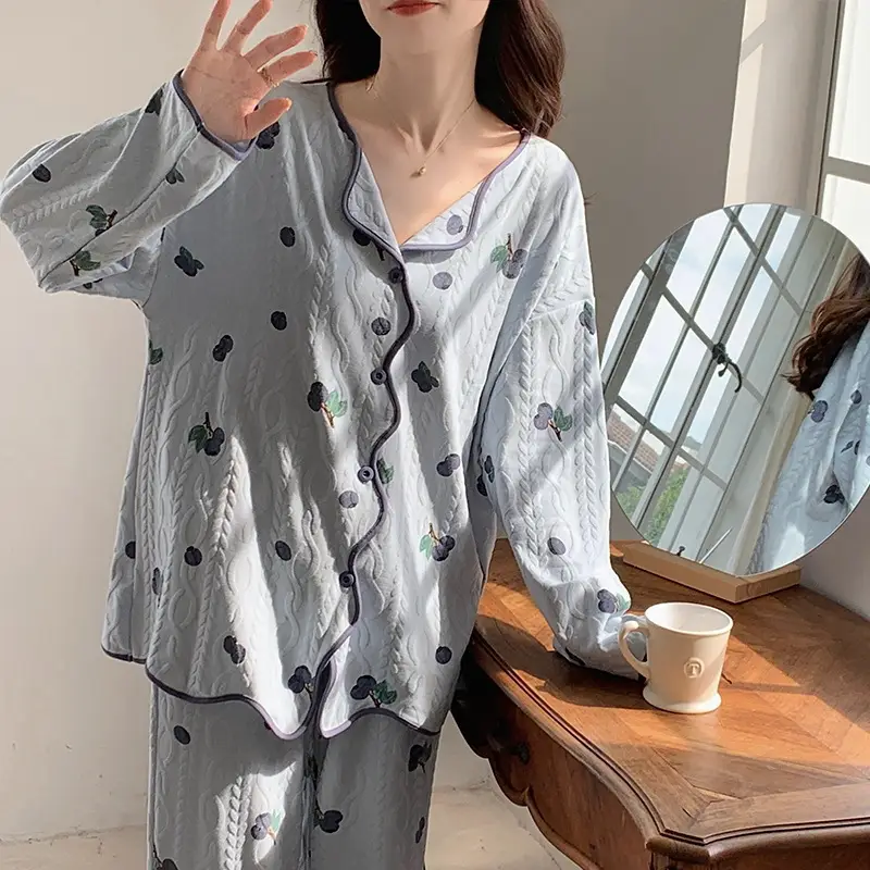Women Cotton Pajama Set Cream Long Sleeve Ruffled