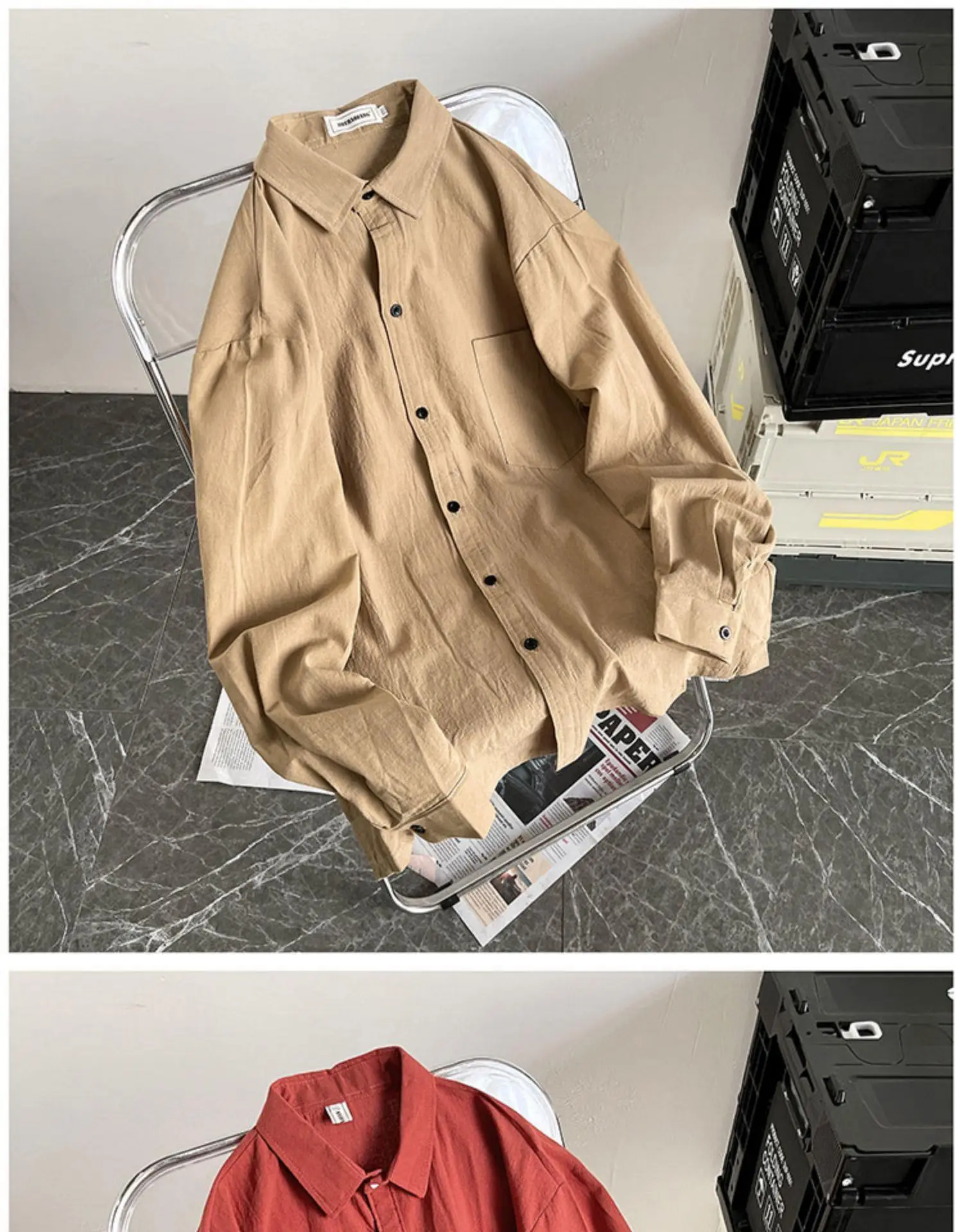 Men's Long Sleeve Linen Shirt Grey Loose Spring Autumn — feature 36