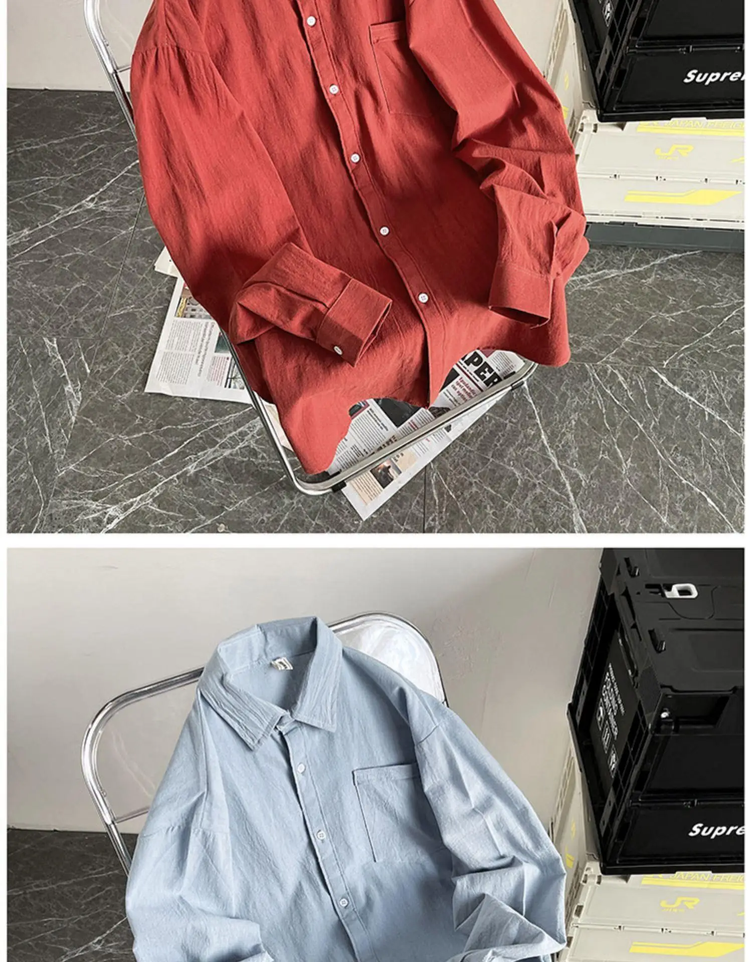 Men's Long Sleeve Linen Shirt Grey Loose Spring Autumn — feature 37