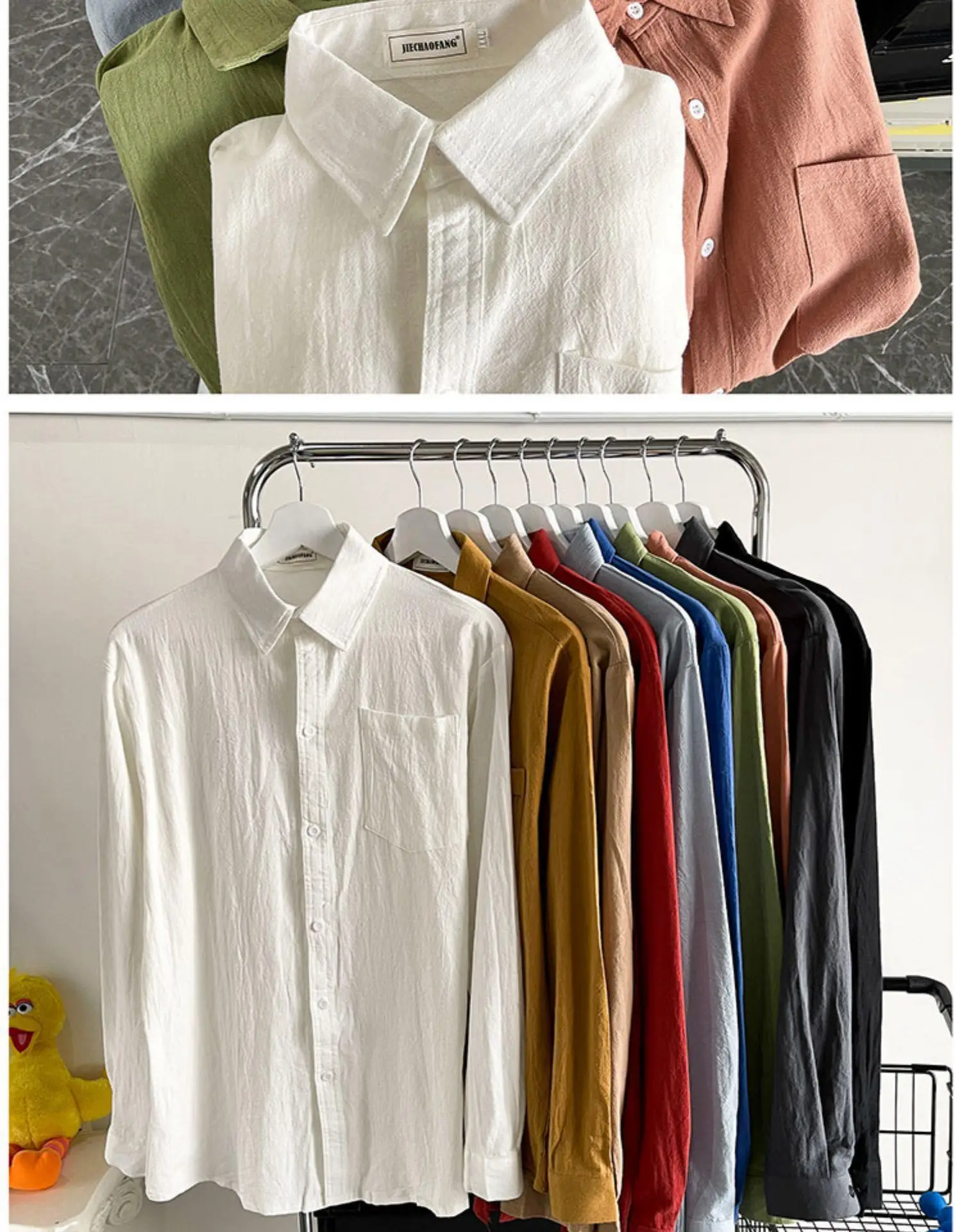 Men's Long Sleeve Linen Shirt Grey Loose Spring Autumn — feature 46