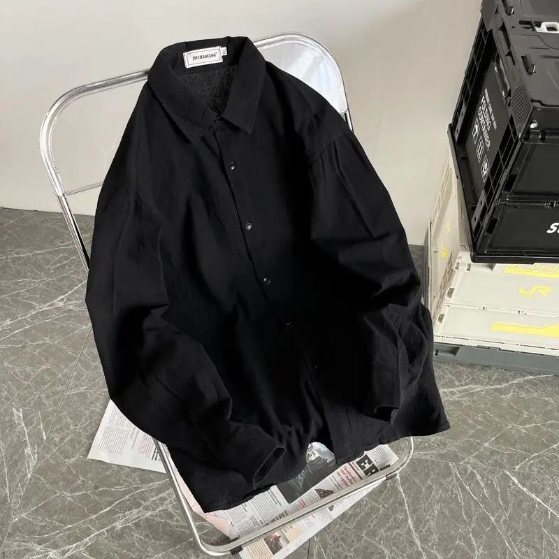 Men's Long Sleeve Linen Shirt Grey Loose Spring Autumn - Image 2