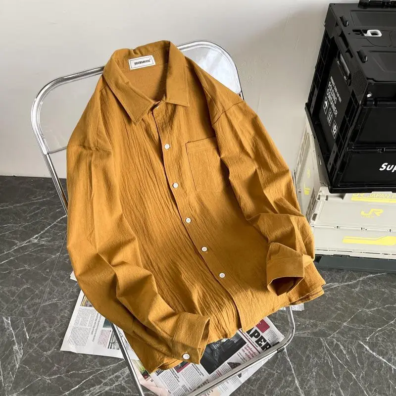 Men's Long Sleeve Linen Shirt Grey Loose Spring Autumn - Image 4