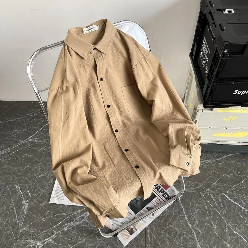 Men's Long Sleeve Linen Shirt Grey Loose Spring Autumn - Image 8